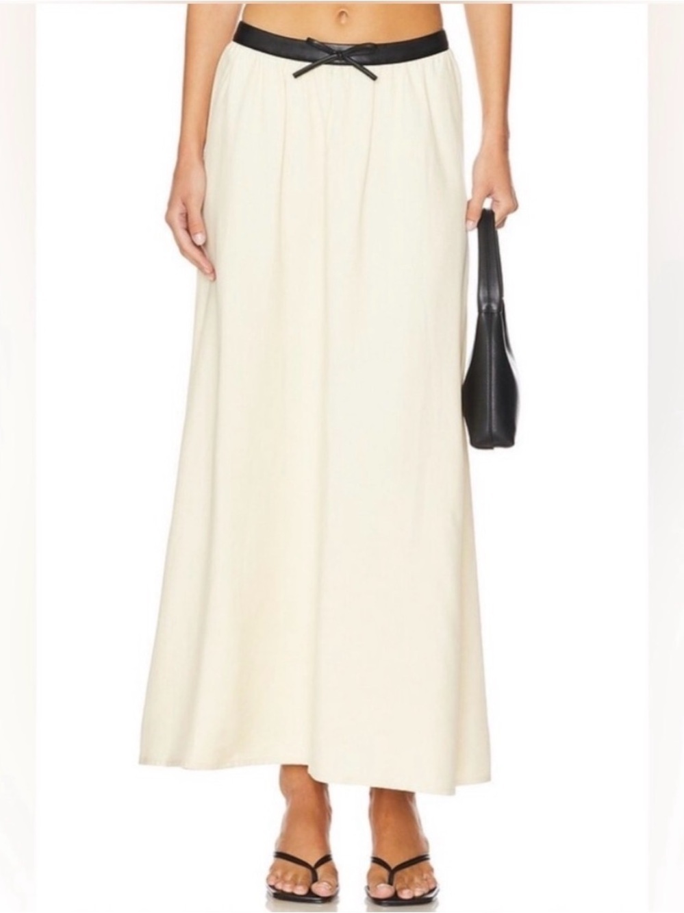 WeWoreWhat Linen Blens A-Line Skirt with Black Faux Learher Waistband